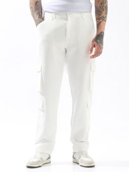 High Star - Off White Polyester Solid Loose Fit Mid-Rise Cargo Pant