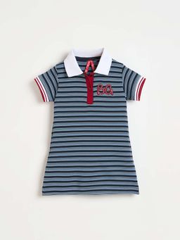 Blue Giraffe - Girls Blue Striped Collar Neck Dress