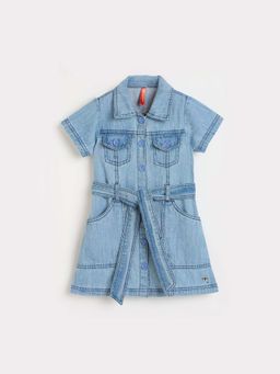 Blue Giraffe - Girls Blue Shirt Collar Dress With Belt