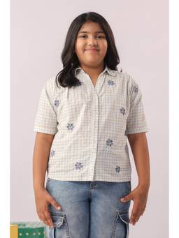 The Little Trunk - White And Blue Check Embroidered Shirt for Girls