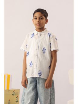 The Little Trunk - White Blue Embroidered Cotton Shirt for Boys