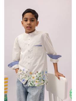 The Little Trunk - White Botanical Border Mandarin Shirt for Boys