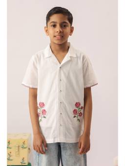 The Little Trunk - White Cross-Stitch Rose Camp Collar Shirt
