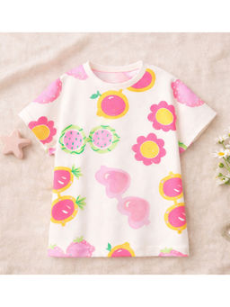 Blue Giraffe - Googo Gaaga Girls Cotton Flower Printed Half Sleeve T-Shirt