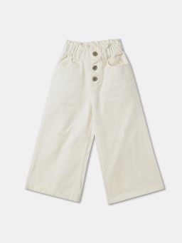 R&B - Girls Off White Cotton Wide Leg Button Waist Solid Pant