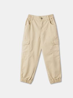 R&B - Girl's Beige Cotton Regular Fit Elastic Waist Pockets Pant