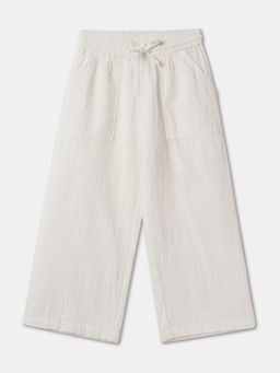 R&B - Girls White Cotton Wide Leg Drawstring Waist Pant