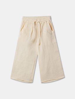 R&B - Girls Beige Cotton Wide-Leg Drawstring Waist Embroidered Pant