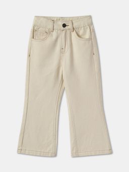 R&B - Girls Beige Cotton Flared Fit Button Waist Embroidered Pant