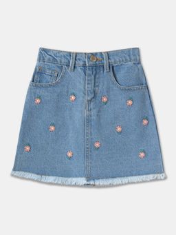 R&B - Girls Blue Denim A-Line Zip Closure Embroidered Skirt