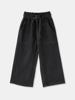 R&B - Girls Black Cotton Wide Leg Drawstring Waist Solid Jeans