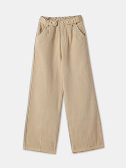R&B - Girls Khaki Cotton Wide Leg Elastic Waist Solid Pant