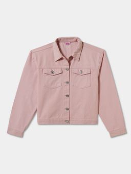 R&B - Girls Pink Cotton Denim Solid Button Front Jacket