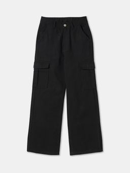 R&B - Girls Black Cotton Wide Leg Button Waist Pockets Pant