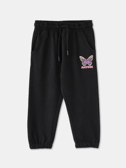 R&B - Girls Black Cotton Regular Fit Drawstring Waist Cuffed Hem Joggers