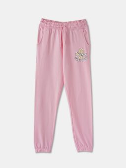 R&B - Girls Pink Cotton Regular Fit Elastic Waist Cuffed Hem Joggers