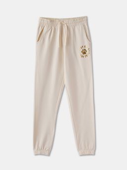 R&B - Girls Beige Cotton Regular Fit Drawstring Waist Cuffed Hem Joggers