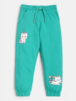 R&B - Girls Green Cotton Regular Fit Drawstring Waist Printed Joggers