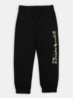 R&B - Girl's Black Cotton Regular Fit Drawstring Waist Printed Pant