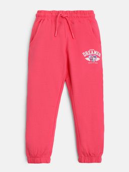 R&B - Girls Pink Cotton Regular Fit Drawstring Waist Printed Joggers