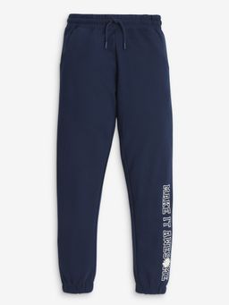 R&B - Girls Navy Blue Cotton Tapered Drawstring Waist Printed Joggers