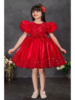Lagorii - Girls Red Satin Embellished Knee Length Dress
