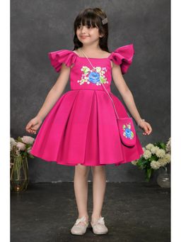 Lagorii - Girls Pink Scuba Embroidered Dress And Sling Bag