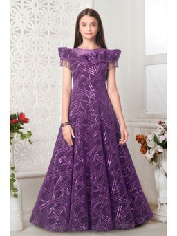 Lagorii - Girls Purple Net Embroidered Gown