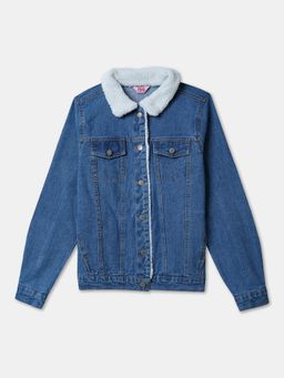 R&B - Girls Blue Denim Button Front Sherpa Collar Jacket