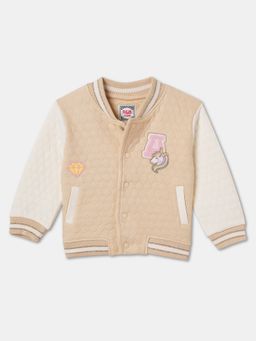 R&B - Girls Beige Cotton Placement Print Embroidered Shacket Jacket
