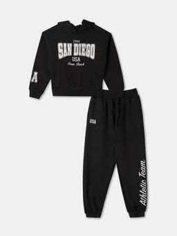 R&B - Girls Black Cotton Graphic Print Hoodie And Joggers