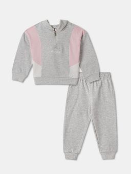 R&B - Girls Grey Cotton Colorblock High Neck Sweatshirt And Joggers