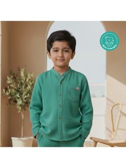 Kids of Greendeer - Green Muslin Cotton Woven Full Sleeves Textured Shirt