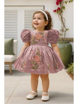 Lagorii - Girls Mauve Satin Embroidered Knee Length Dress