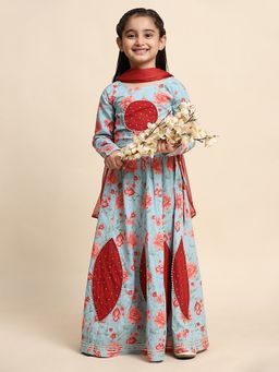 Maaesa - Girls Cotton Teal Floral Print Lehenga And Choli With Dupatta