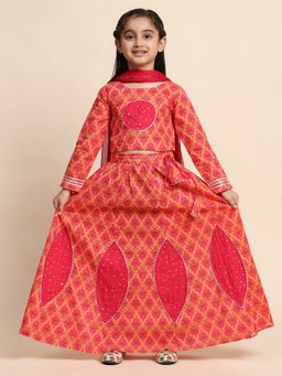 Maaesa - Girls Cotton Orange Floral Print Lehenga And Choli With Dupatta