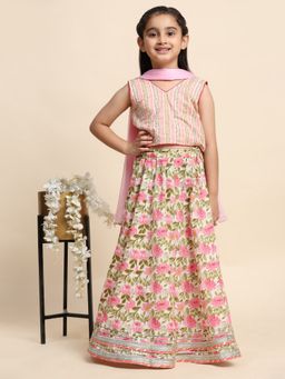 Maaesa - Girls Cotton Pink Floral Print Lehenga And Choli With Dupatta