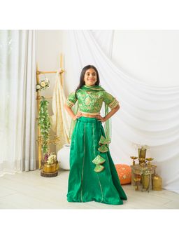 Fairies Forever - Girls Green Silk Woven Lehenga With Choli And Dupatta