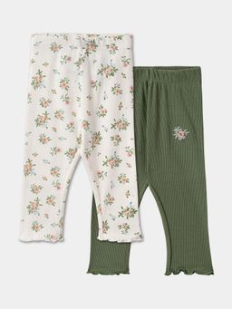 R&B - Girls Olive Cotton Fitted Elastic Waist Printed Leggings (Pack of 2)