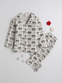 The Magic Wand - Full Sleeves Elephant Printed Cotton Beige Night Suit