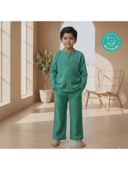 Kids of Greendeer - Green Muslin Cotton Woven Full Sleeves Textured Shirt And Pant