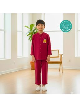 Kids of Greendeer - Maroon Muslin Cotton Woven Full Sleeves Solid Shirt And Pant