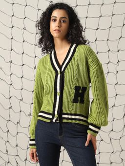Hubberholme - Women Acrylic Knitted Regular Fit V Neck Full Sleeves Green Sweaters