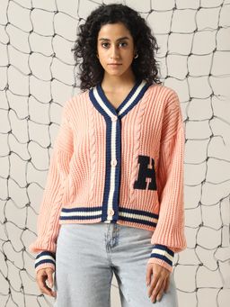 Hubberholme - Women Acrylic Knitted Regular Fit V Neck Full Sleeves Peach Sweaters