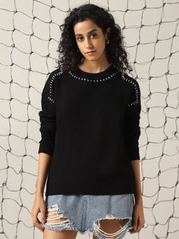 Hubberholme - Women Acrylic Knitted Regular Fit Round Neck Full Sleeves Black Sweaters