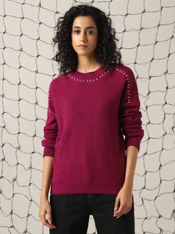 Hubberholme - Women Acrylic Knitted Regular Fit Round Neck Full Sleeves Pink Sweaters