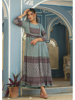 Women Sky Blue Ethnic Motif Printed Muslin Maxi Dress with Beads Work