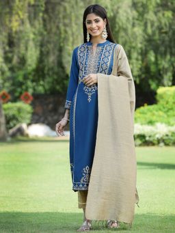Juniper - Dark Teal Ethnic Motif Printed Rayon Straight Kurta & Dupatta Set with Buttons.