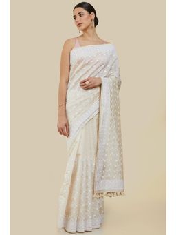 Soch - Women Off White Silk Embroidered Saree with Unstitched Blouse