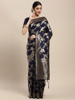 Sareemall - Navy Blue Festive Banarasi Woven Design Saree with Unstitched Blouse